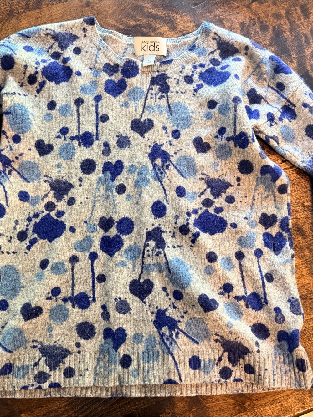 Autumn Cashmere Kids Crewneck Sweater in Light Gray with Blue Spot Print